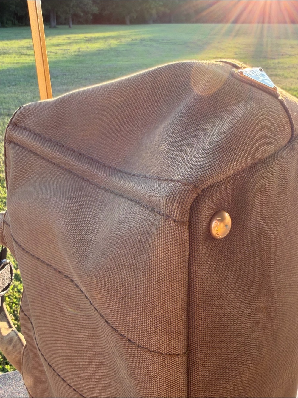 Prada taupe canvas tote with gold plaque - Picture 11 of 11
